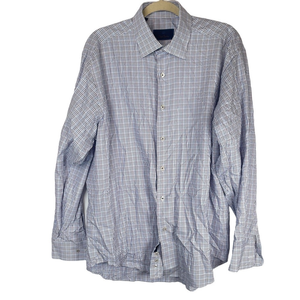 David Donahue Men Striped Button Up Dress Shirt Size 16.5, 34/35  Blue Plaid